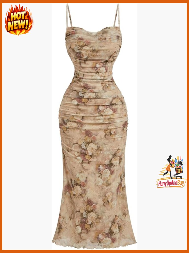 Floral Midi Dress Elegant Cocktail Wedding Guest Bodycon Ruched Mesh Straps